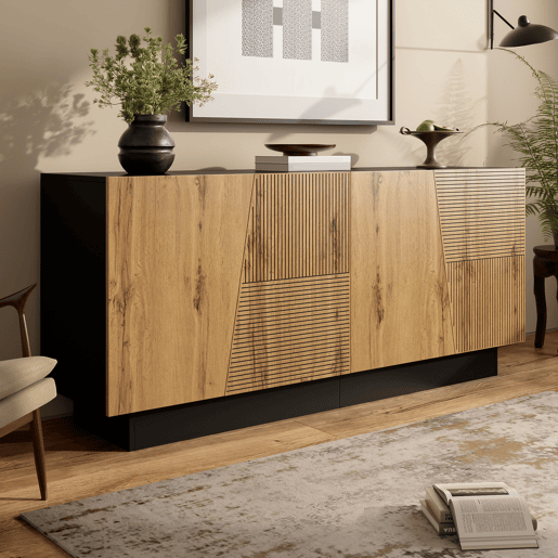 Aparador 160 cm - grande capacidade de armazenamento, design geométrico, prateleira ajustável - PretoMadeira
