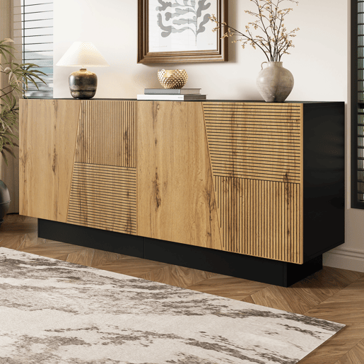 Aparador 160 cm - grande capacidade de armazenamento, design geométrico, prateleira ajustável - PretoMadeira