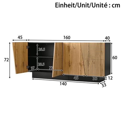 Aparador 160 cm - grande capacidade de armazenamento, design geométrico, prateleira ajustável - PretoMadeira