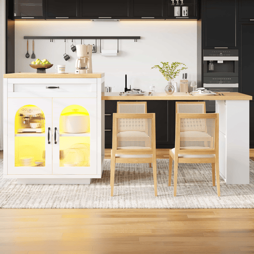 Ilha de cozinha extensível - Sem dimensões especificadas - com iluminação LED, 2 gavetas, prateleiras ajustáveis, portas de vidro estriado, bancada em MDF, design moderno - Branco