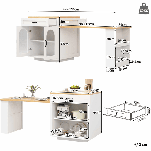 Ilha de cozinha extensível - Sem dimensões especificadas - com iluminação LED, 2 gavetas, prateleiras ajustáveis, portas de vidro estriado, bancada em MDF, design moderno - Branco