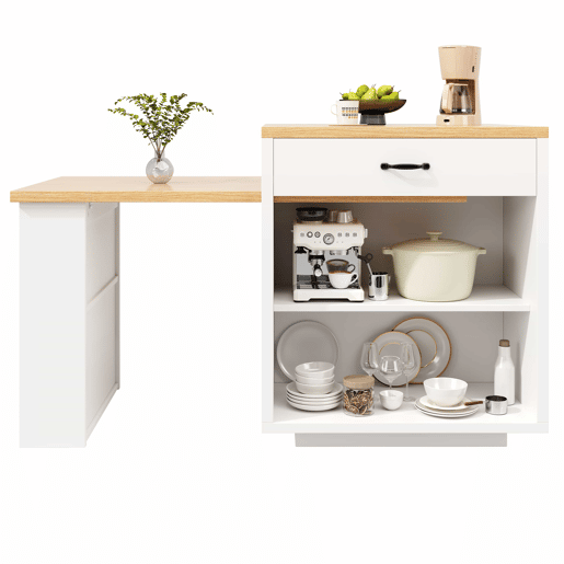 Ilha de cozinha extensível - Sem dimensões especificadas - com iluminação LED, 2 gavetas, prateleiras ajustáveis, portas de vidro estriado, bancada em MDF, design moderno - Branco