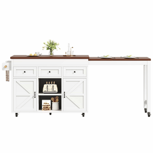 Ilha de cozinha com balcão e mesa de jantar extensível de 131,5 a 210 cm u2013 giratória a 360°, com gavetas e armários, bancada multifuncional u2013 Branco