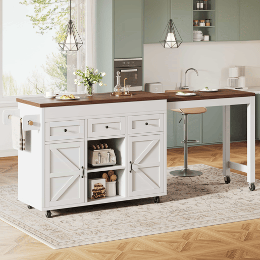 Ilha de cozinha com balcão e mesa de jantar extensível de 131,5 a 210 cm u2013 giratória a 360°, com gavetas e armários, bancada multifuncional u2013 Branco