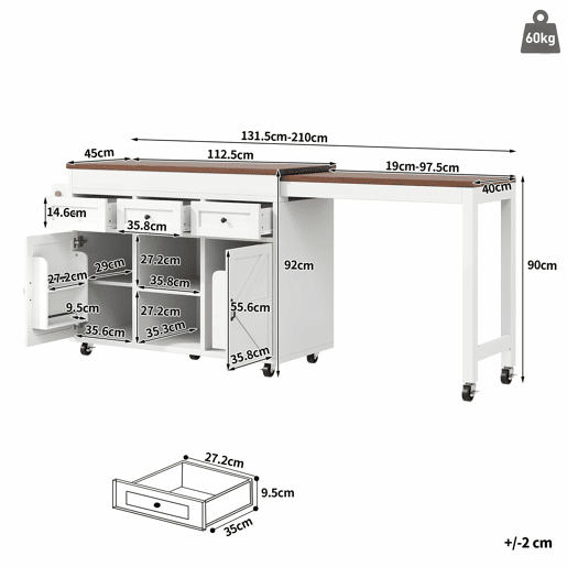Ilha de cozinha com balcão e mesa de jantar extensível de 131,5 a 210 cm u2013 giratória a 360°, com gavetas e armários, bancada multifuncional u2013 Branco