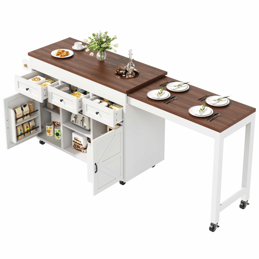 Ilha de cozinha com balcão e mesa de jantar extensível de 131,5 a 210 cm u2013 giratória a 360°, com gavetas e armários, bancada multifuncional u2013 Branco