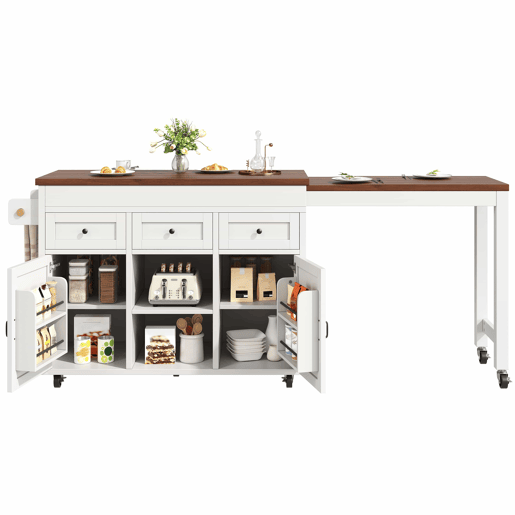 Ilha de cozinha com balcão e mesa de jantar extensível de 131,5 a 210 cm u2013 giratória a 360°, com gavetas e armários, bancada multifuncional u2013 Branco