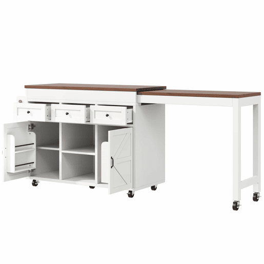 Ilha de cozinha com balcão e mesa de jantar extensível de 131,5 a 210 cm u2013 giratória a 360°, com gavetas e armários, bancada multifuncional u2013 Branco