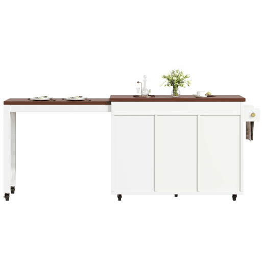 Ilha de cozinha com balcão e mesa de jantar extensível de 131,5 a 210 cm u2013 giratória a 360°, com gavetas e armários, bancada multifuncional u2013 Branco