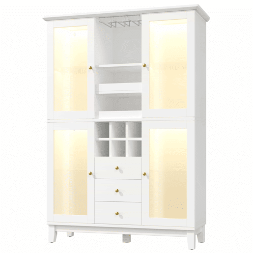 Adega 180,5 x 120 x 40 cm - iluminação LED controlada por aplicação, 3 gavetas, suporte para copos e garrafas - branco