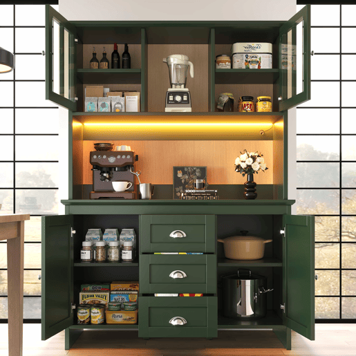 Armário alto de cozinha 120 x 40 x 179 cm - portas de vidro castanho, iluminação LED, aparador - verde