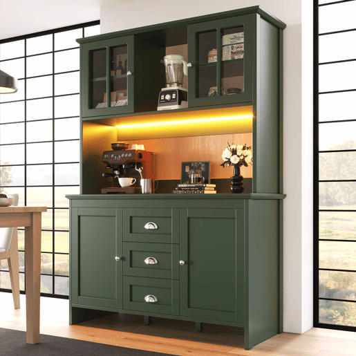 Armário alto de cozinha 120 x 40 x 179 cm - portas de vidro castanho, iluminação LED, aparador - verde