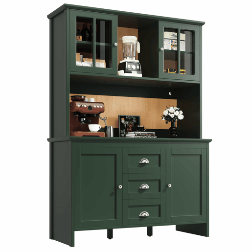 Armário alto de cozinha 120 x 40 x 179 cm - portas de vidro castanho, iluminação LED, aparador - verde
