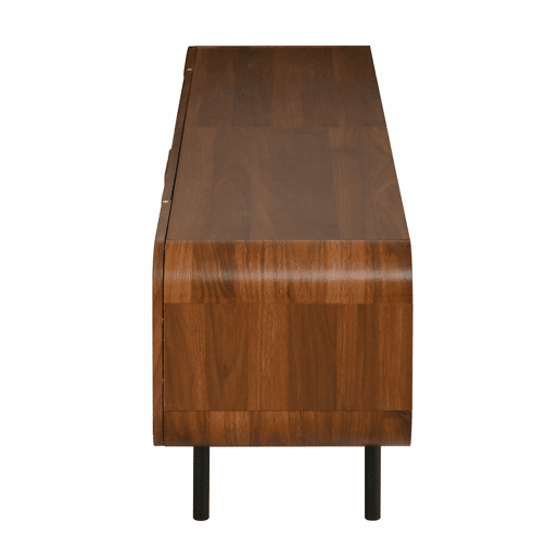 Móvel de TV com 3 portas e 2 gavetas - estilo Mid-Century, ranhuras verticais, relevos em arco, cantos arredondados, pés metálicos, passagem para cabos, móvel de sala - Nogueira