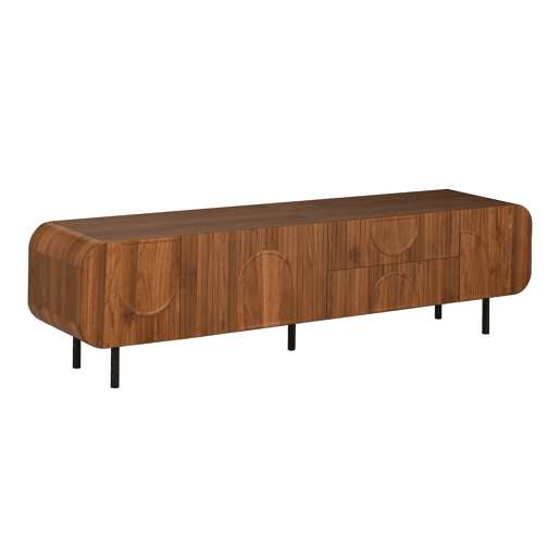 Móvel de TV com 3 portas e 2 gavetas - estilo Mid-Century, ranhuras verticais, relevos em arco, cantos arredondados, pés metálicos, passagem para cabos, móvel de sala - Nogueira