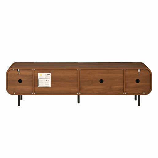 Móvel de TV com 3 portas e 2 gavetas - estilo Mid-Century, ranhuras verticais, relevos em arco, cantos arredondados, pés metálicos, passagem para cabos, móvel de sala - Nogueira