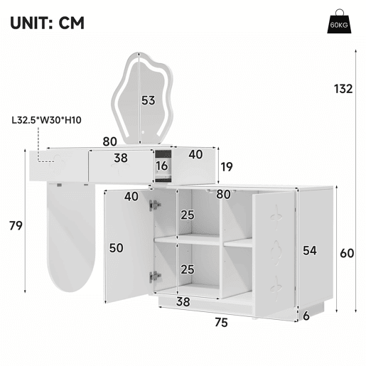 Penteadeira com espelho LED 160 x 40 x 132 cm - iluminação LED regulável com 3 intensidades, 2 gavetas, armário com 4 compartimentos - Branco