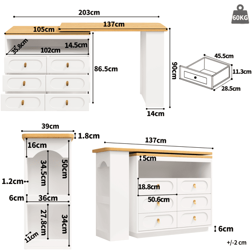 Aparador 137-203 cm - Design moderno com arrumação e função extensível - Branco