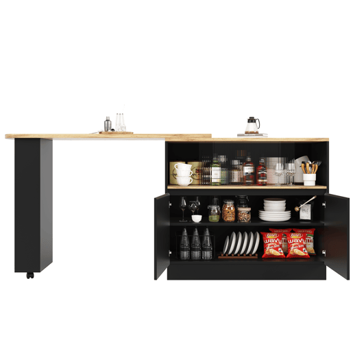 Aparador giratório 360° 90x45x100 cm - moderno, multifuncional, com prateleiras e vidro - preto