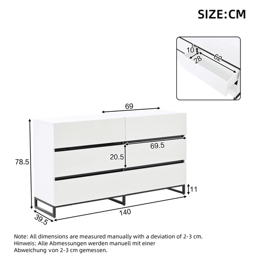 Aparador 140x39,5x78,5 cm - 6 gavetas, 3 pés metálicos, alta capacidade - Branco Aparador 140x39,5x78,5 cm - 6 gavetas, 3 pés metálicos, alta capacidade - Branco