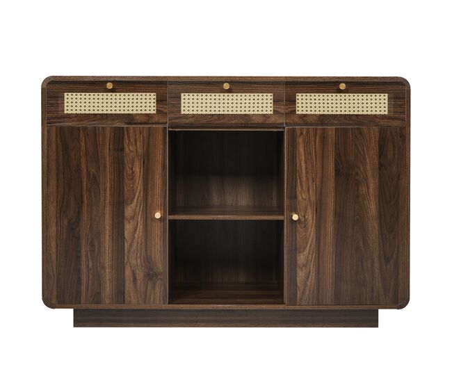 Cómoda 120x85x40 cm - con 3 cajones, 2 armarios, estante abierto, asas doradas, nogal