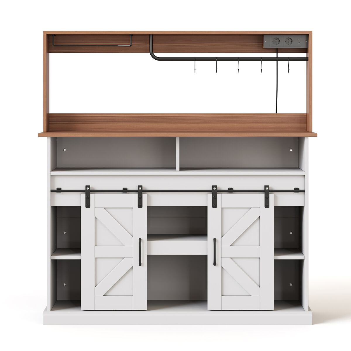 Barra de café 120 cm - con portavasos, enchufes y almacenamiento, estilo rústico - blanco