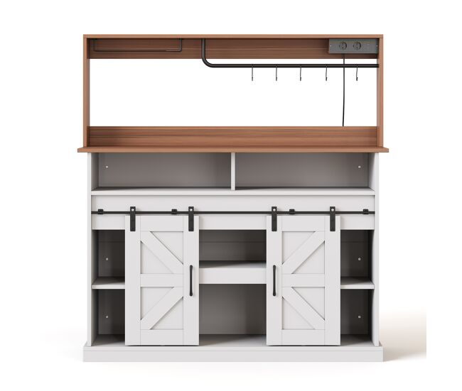 Barra de café 120 cm - con portavasos, enchufes y almacenamiento, estilo rústico - blanco
