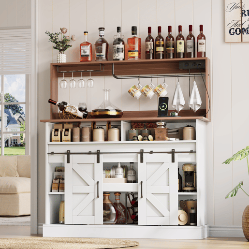 Barra de café 120 cm - com porta-copos, tomadas e espaço de armazenamento, estilo rústico - Branco Barra de café 120 cm - com porta-copos, tomadas e espaço de armazenamento, estilo rústico - Branco