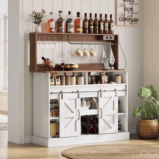 Barra de café 120 cm - com porta-copos, tomadas e espaço de armazenamento, estilo rústico - Branco Barra de café 120 cm - com porta-copos, tomadas e espaço de armazenamento, estilo rústico - Branco