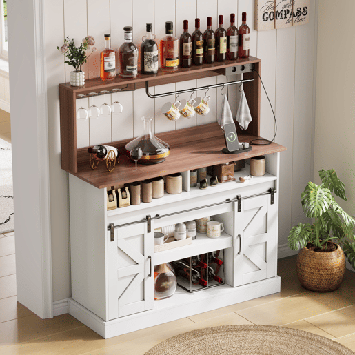 Barra de café 120 cm - com porta-copos, tomadas e espaço de armazenamento, estilo rústico - Branco Barra de café 120 cm - com porta-copos, tomadas e espaço de armazenamento, estilo rústico - Branco