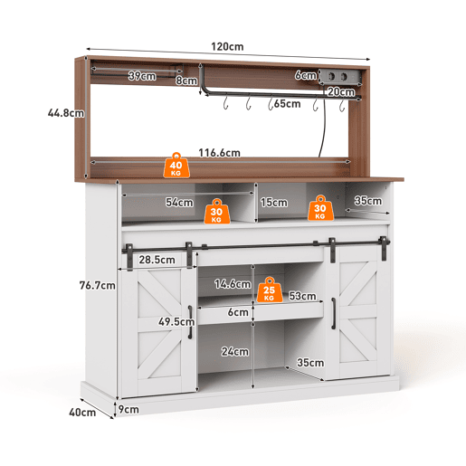 Barra de café 120 cm - com porta-copos, tomadas e espaço de armazenamento, estilo rústico - Branco Barra de café 120 cm - com porta-copos, tomadas e espaço de armazenamento, estilo rústico - Branco