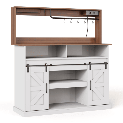 Barra de café 120 cm - com porta-copos, tomadas e espaço de armazenamento, estilo rústico - Branco Barra de café 120 cm - com porta-copos, tomadas e espaço de armazenamento, estilo rústico - Branco