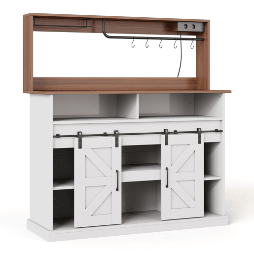 Barra de café 120 cm - com porta-copos, tomadas e espaço de armazenamento, estilo rústico - Branco Barra de café 120 cm - com porta-copos, tomadas e espaço de armazenamento, estilo rústico - Branco