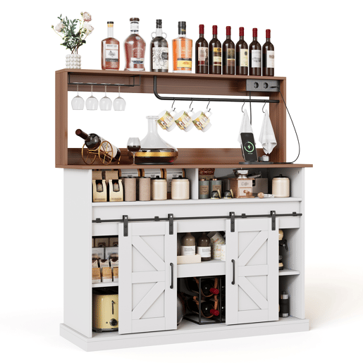 Barra de café 120 cm - com porta-copos, tomadas e espaço de armazenamento, estilo rústico - Branco Barra de café 120 cm - com porta-copos, tomadas e espaço de armazenamento, estilo rústico - Branco