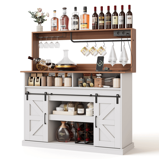Barra de café 120 cm - com porta-copos, tomadas e espaço de armazenamento, estilo rústico - Branco Barra de café 120 cm - com porta-copos, tomadas e espaço de armazenamento, estilo rústico - Branco