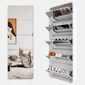Armário para sapatos com espelho e 5 compartimentos - design curvo, organizador inclinável - branco