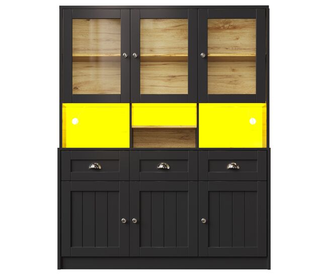 Aparador 140x40x175 cm - vitrina con estantes ajustables, led, colores variables - negro