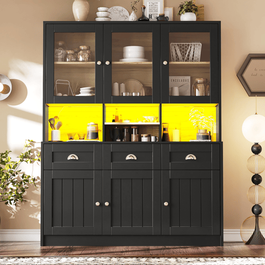 Aparador 140x40x175 cm - Vitrine com prateleiras ajustáveis, LED, cores variáveis - Preto