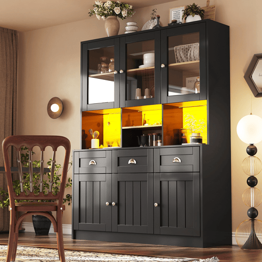 Aparador 140x40x175 cm - Vitrine com prateleiras ajustáveis, LED, cores variáveis - Preto