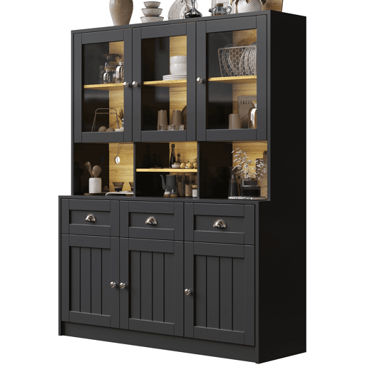 Aparador 140x40x175 cm - Vitrine com prateleiras ajustáveis, LED, cores variáveis - Preto