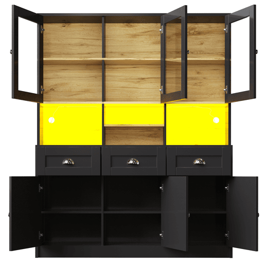 Aparador 140x40x175 cm - Vitrine com prateleiras ajustáveis, LED, cores variáveis - Preto