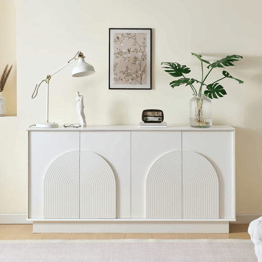 Aparador moderno de 160 cm - 4 portas arredondadas, estrutura em MDF com acabamento mate, solução de arrumação elegante e funcional para a sala de estar e a sala de jantar - branco Aparador moderno de 160 cm - 4 portas arredondadas, estrutura em MDF com acabamento mate, solução de arrumação elegante e funcional para a sala de estar e a sala de jantar - branco