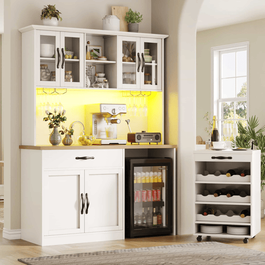 Armário de cozinha alto de 140 cm u2013 com gaveta extraível, iluminação LED, suporte para garrafas e copos de vinho, aparador para sala de estar e sala de jantar u2013 branco