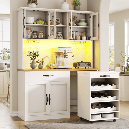 Armário de cozinha alto de 140 cm u2013 com gaveta extraível, iluminação LED, suporte para garrafas e copos de vinho, aparador para sala de estar e sala de jantar u2013 branco