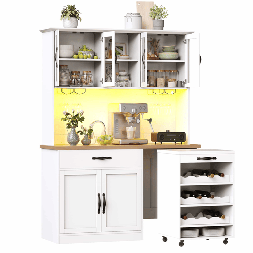 Armário de cozinha alto de 140 cm u2013 com gaveta extraível, iluminação LED, suporte para garrafas e copos de vinho, aparador para sala de estar e sala de jantar u2013 branco