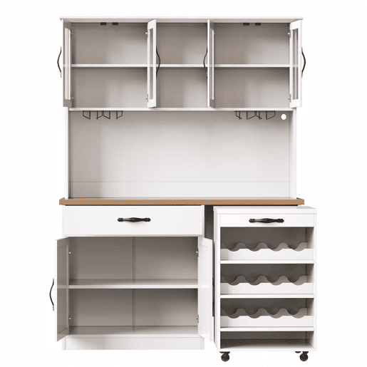 Armário de cozinha alto de 140 cm u2013 com gaveta extraível, iluminação LED, suporte para garrafas e copos de vinho, aparador para sala de estar e sala de jantar u2013 branco