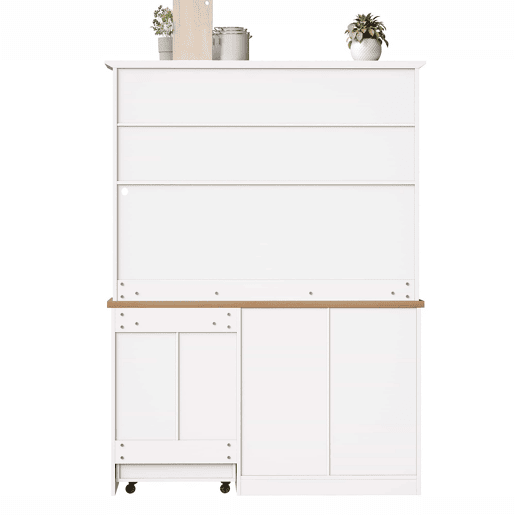 Armário de cozinha alto de 140 cm u2013 com gaveta extraível, iluminação LED, suporte para garrafas e copos de vinho, aparador para sala de estar e sala de jantar u2013 branco