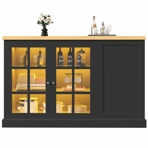 Ilha de cozinha e mesa de bar dobrável multifuncional u2013 com iluminação LED inteligente, suporte para garrafas inclinado e gaveta de arrumação, poupa espaço em apartamentos pequenos, alimentação por USB u2013 Preto