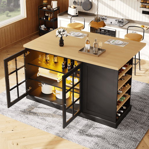 Ilha de cozinha e mesa de bar dobrável multifuncional u2013 com iluminação LED inteligente, suporte para garrafas inclinado e gaveta de arrumação, poupa espaço em apartamentos pequenos, alimentação por USB u2013 Preto