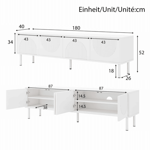 Móvel para TV de 180 cm - moderno, com espaço de arrumação, acabamento mate, gestão de cabos, design minimalista - branco